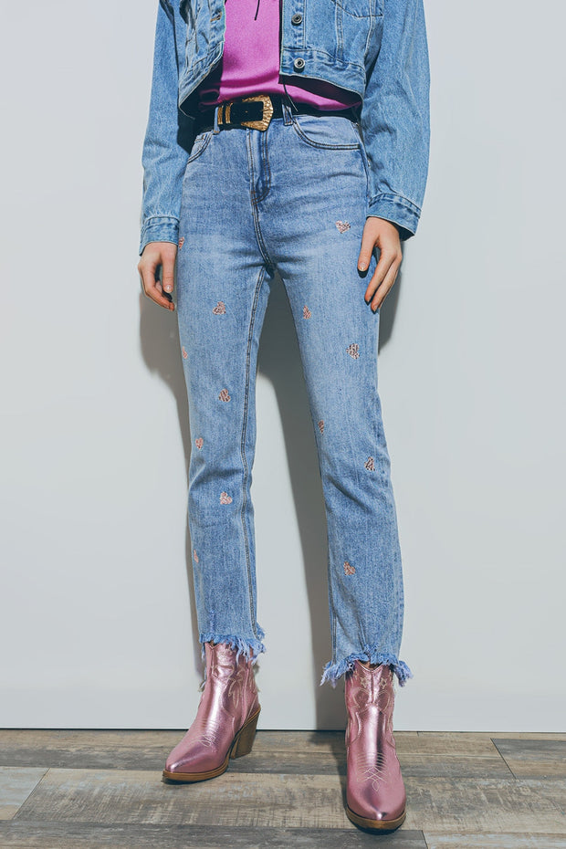 Heart Embellished Jeans With Teared Hem in Med Wash