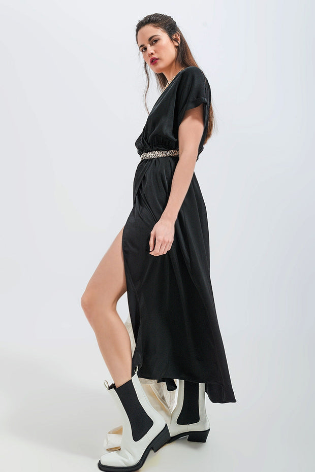 Short Sleeve Satin Maxi Dress in Black