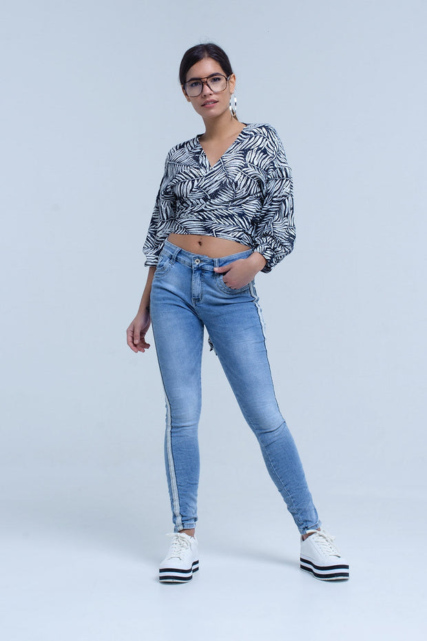 Navy Leaf Print Blouse With Plunge Neck