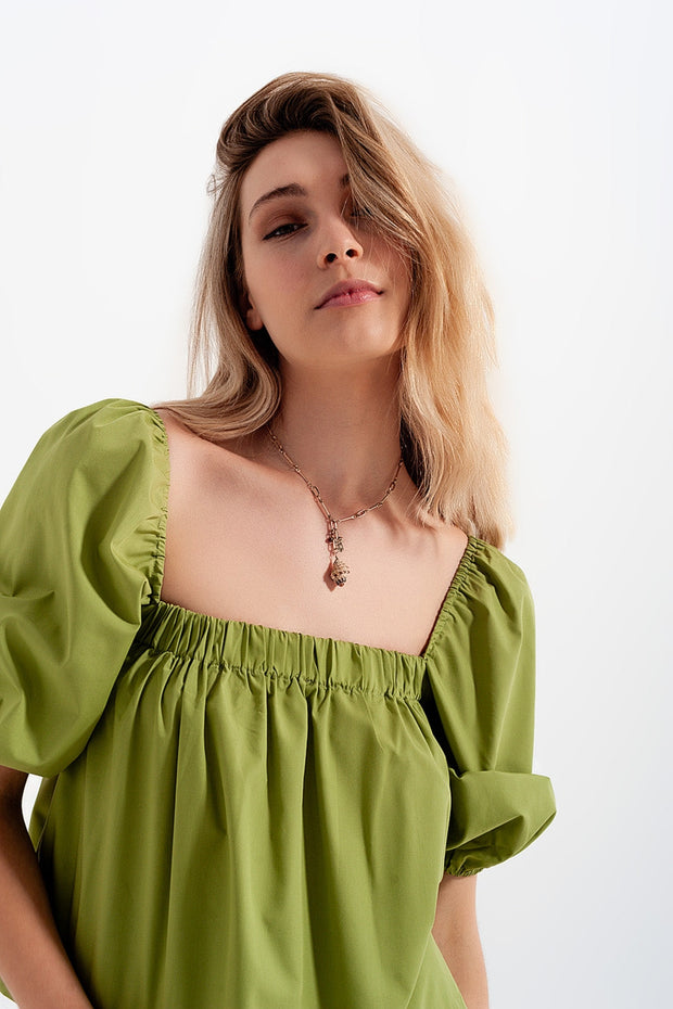 Poplin Balloon Sleeve Top in Green