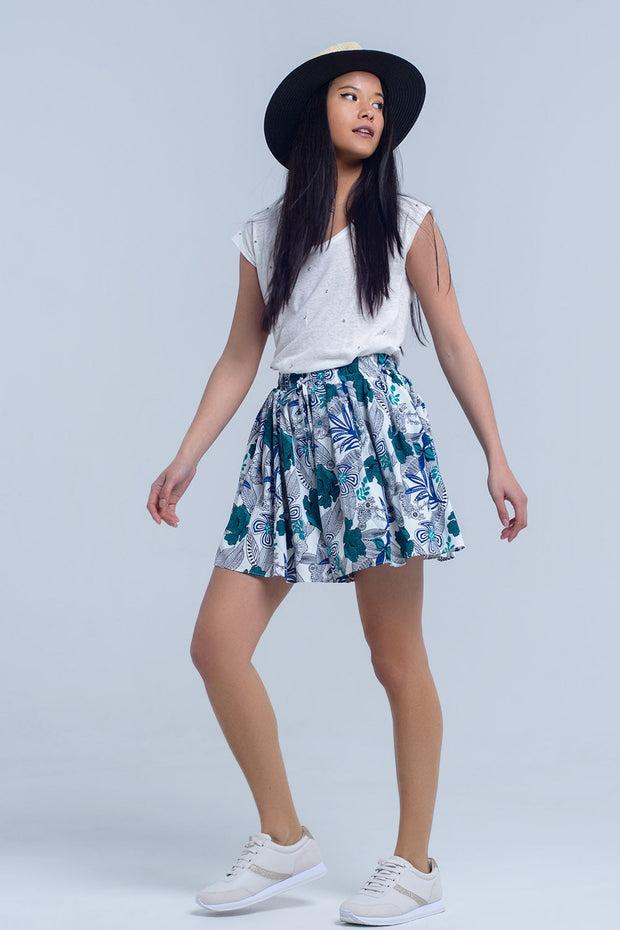 Blue Mini Skorts With Floral Print