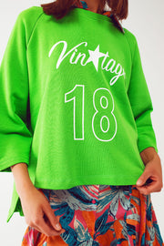 Assymetric Sweatshirt With Vintage 18 Text in Green