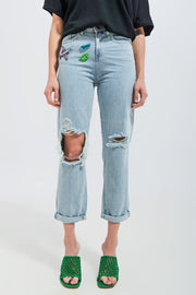 Patch Rip Jeans in Light Wash