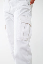 White Cargo Pants With Elasticated Waist and Hem