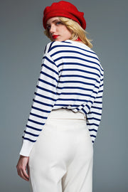 Crew Neck Basic Stripe Sweater in White and Navy