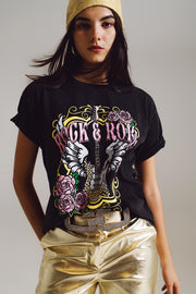 Vintage Rock and Roll Print T-Shirt in Black