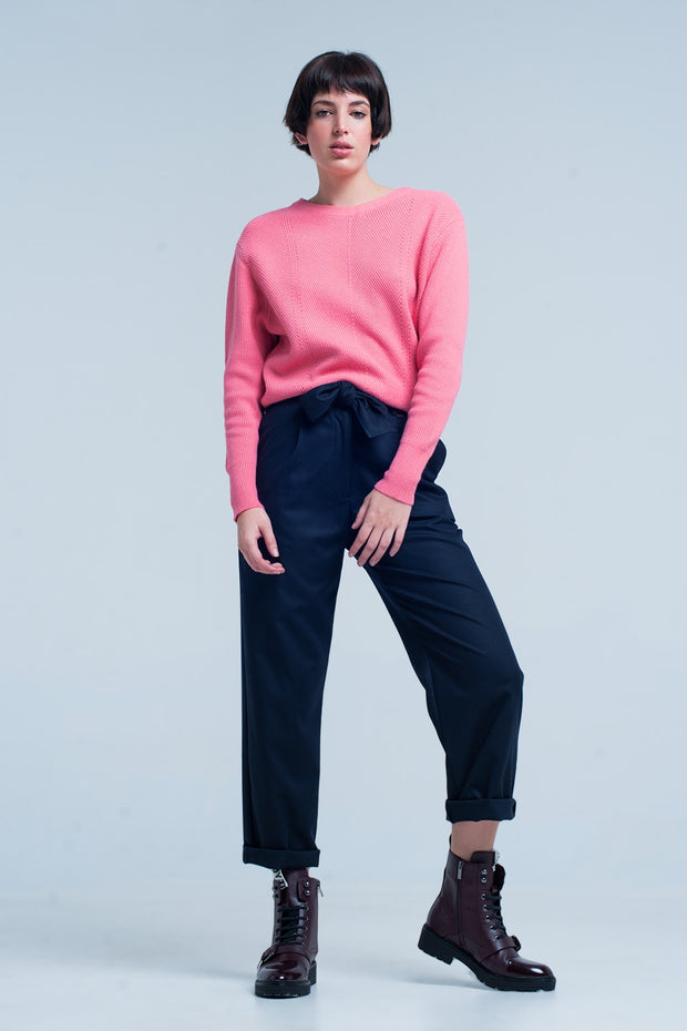 Pink Textured Sweater With Round Neck