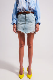 Denim Mini Skirt With Raw Hem in Light Wash Blue