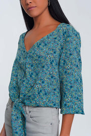 Long Sleeve v Neck Blouse With Button Detail in Green Floral Print