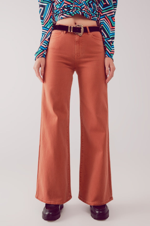 Cotton Blend Wide Leg Jeans in Orange