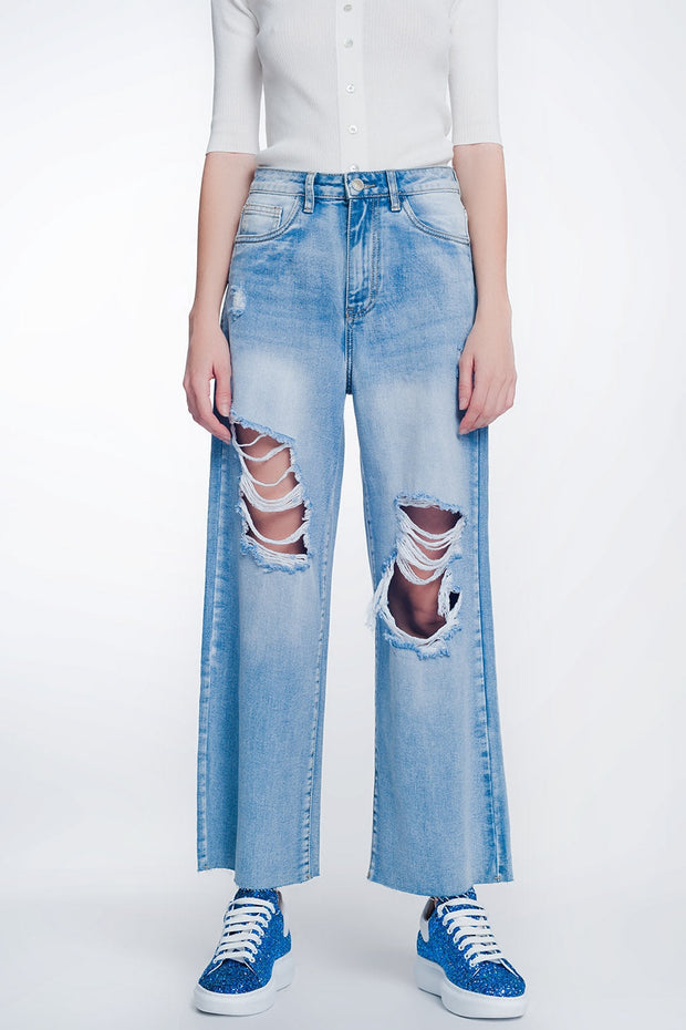 Wide Leg Cropped Raw Hem Jeans in Light Blue