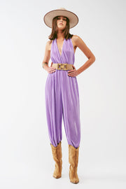 Satin Halter Neck Pleated Maxi Jumpsuit in Lilac