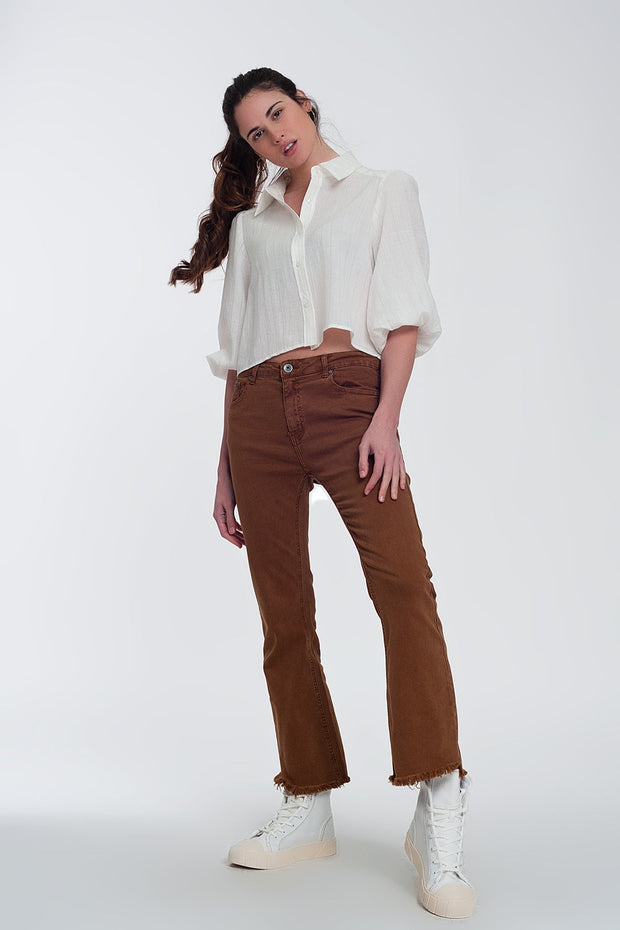 Cropped Shirt With Puff Sleeve in Cream