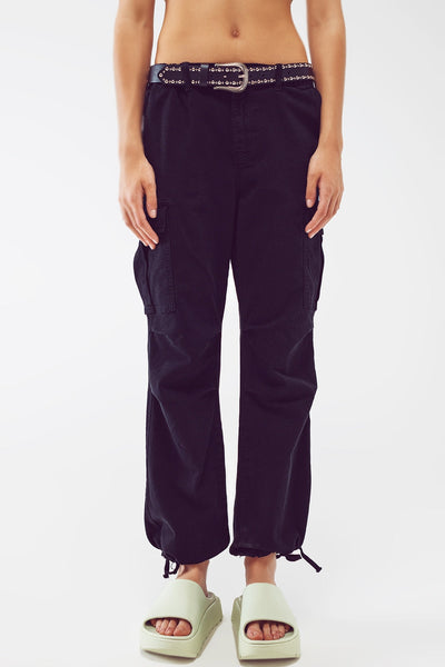 Cargo Pants With Tassel Ends in Black