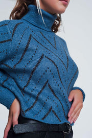 Woven Blue Turtleneck Sweater