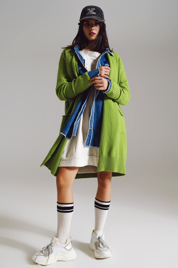 Long Green Cardigan With Folded Pockets