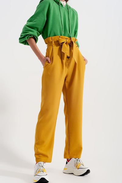 High Waist Belted Paperbag Trousers in Yellow