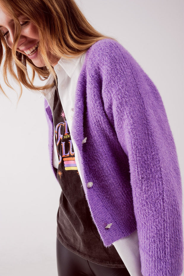 Detail Button Front Knitted Cardigan in Purple