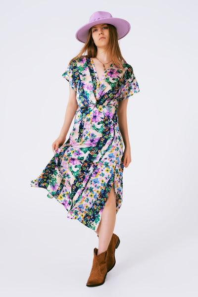 Flower Print Front Knot Maxi Dress in Purple and Green Multicolour