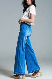 Palazzo Style Jeans in Mid Wash With Double Stitching Detail at the Hem