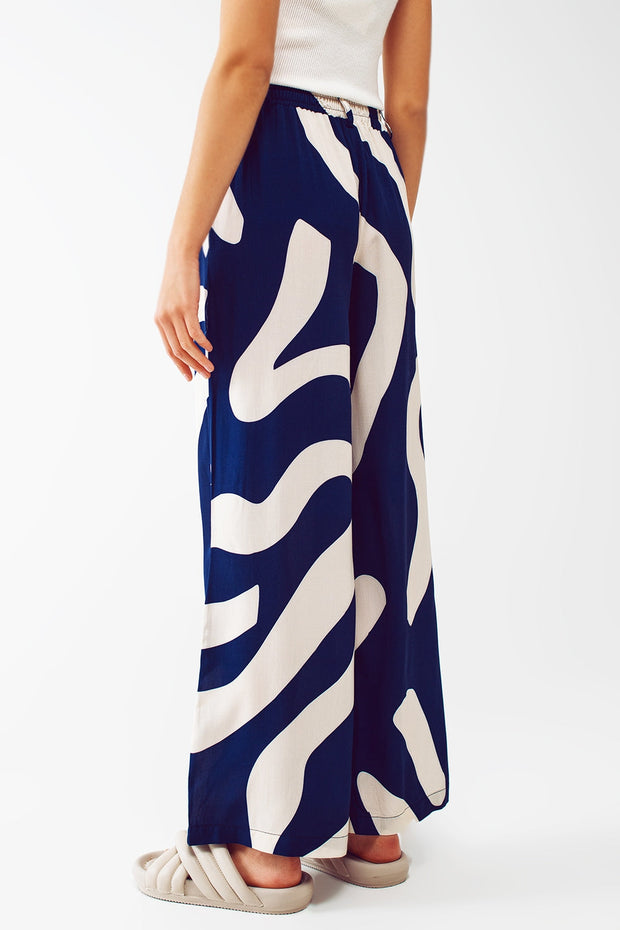 Relaxed Wide Leg Pants in Blue Abstract Print