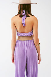 Satin Halter Neck Pleated Maxi Jumpsuit in Lilac