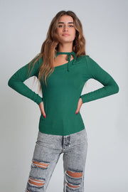 Asymmetric Neck Sweater in Green