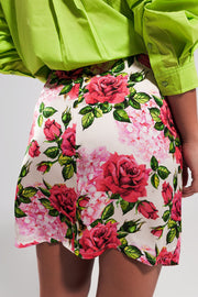 Mini Skirt With Knot Front in Rose Print