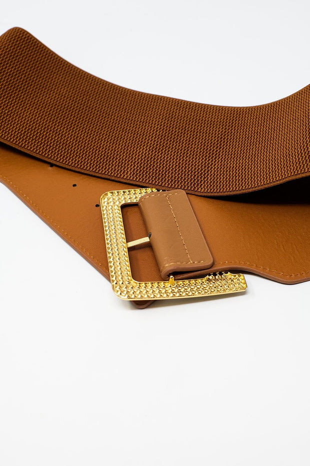 Wide Elastic Brown Belt With Rhinestone Details