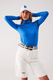 Fine Knit High Neck Jumper in Blue