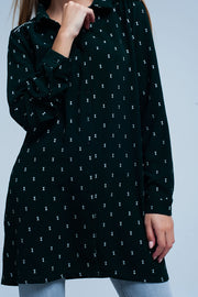 Green Longline Shirt With Silver Ribbon Pattern