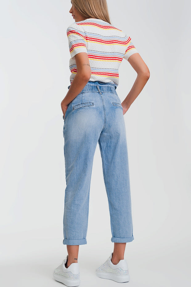 Light Denim Straight Jeans With Big Waistband Detail