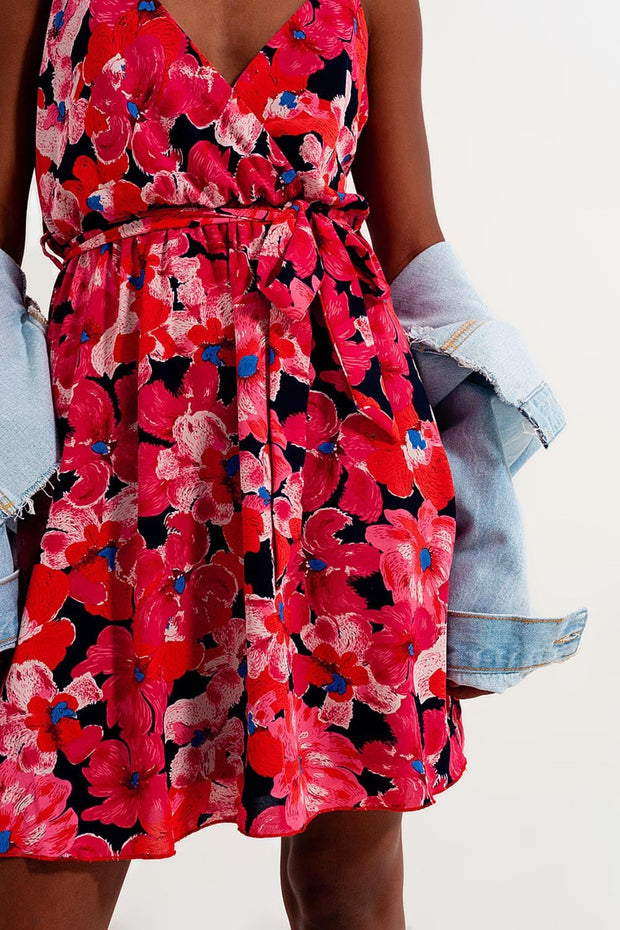 Hot Pink Short Dress With Flower Print and Straps