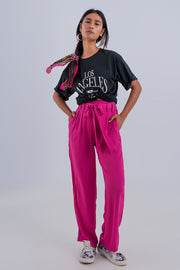 Wide Leg Belted Pants in Fuchsia