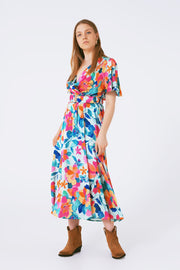 Belted Soft Satin Maxi Dress With Flower Print