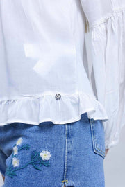 White Lace Up Top With Ruffle Detail