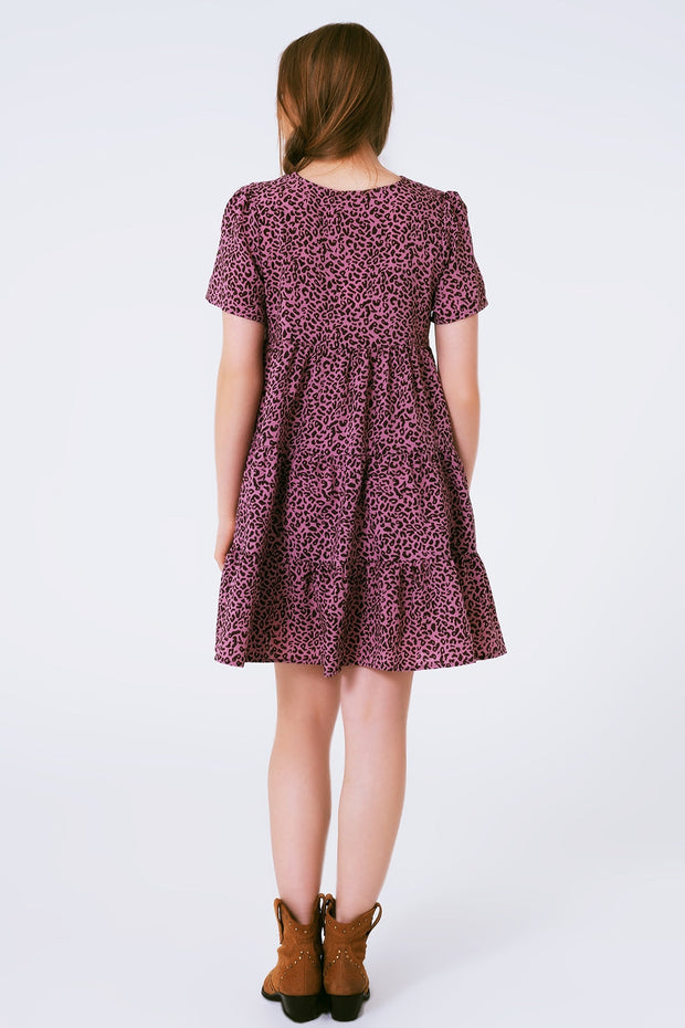 Short Sleeve Baby Doll Dress With Neck Detail in Purple Leopard Print