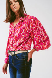 Floral Print Blouse With Volume Sleeves in Pink