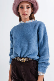 Crew Neck Jumper in Rib With Fluffy Yarn in Blue