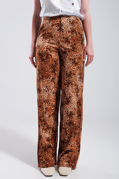 Leopard Print Wide Leg Pants in Brown