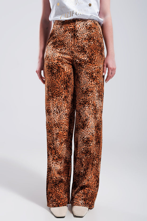 Leopard Print Wide Leg Pants in Brown