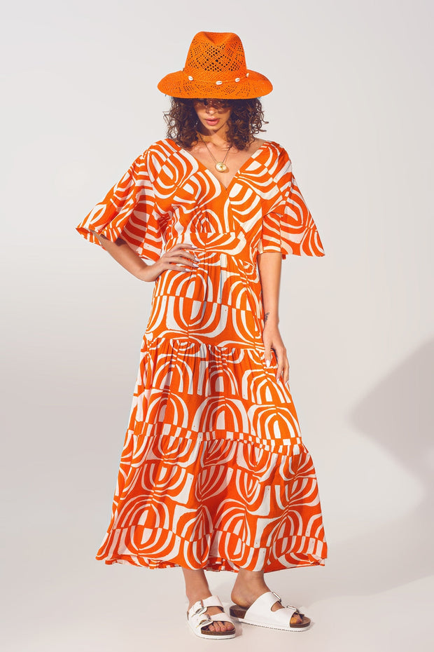 V Neck Midi Dress With Print in Orange