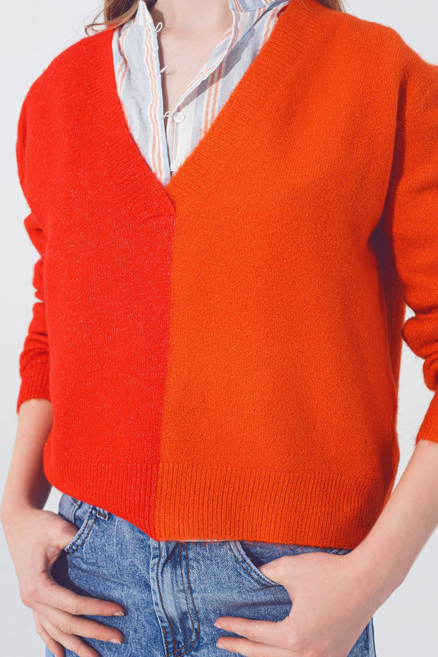 V Neck Colorblock Sweater in Red and Orange