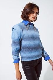 Sweater in Ombre Design Blue With Round Neck and Sleeve Details