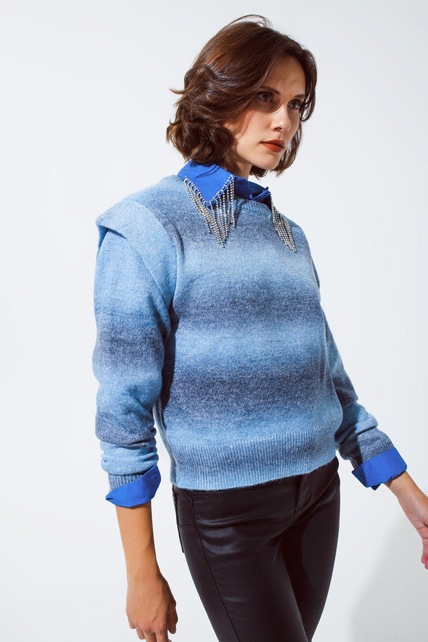 Sweater in Ombre Design Blue With Round Neck and Sleeve Details