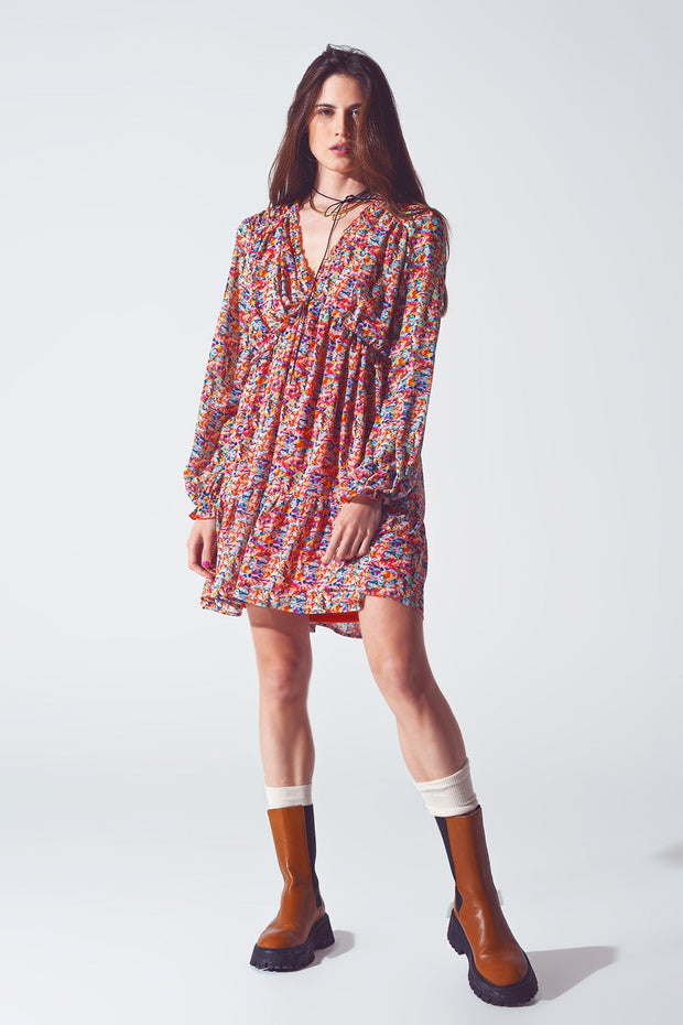 Floral v Neck Mini Dress in Multicolour