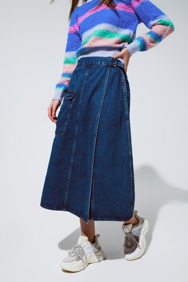 Maxi Wrap Denim Skirt With Pocket Detail