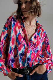 Oversized Button Down Shirt in Abstract Pink and Blue Print