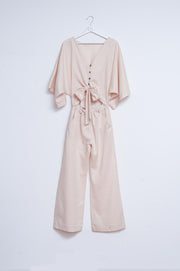 Linen Tie Waist Jumpsuit in Beige