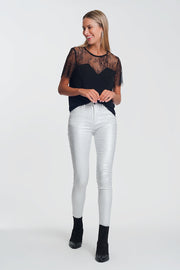 Super Skinny High Waisted Pants With Silver Sparkle in White